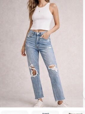 Agolde Distressed Light Blue High-Rise Straight Jeans